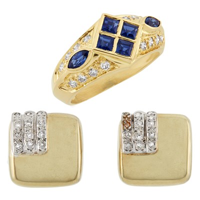 Lot 129 - Pair of Two-Color Gold and Diamond Earrings and Gold, Sapphire and Diamond Ring
