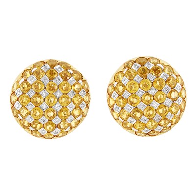 Lot 174 - Pair of Two-Color Gold, Yellow Sapphire and Diamond Earrings