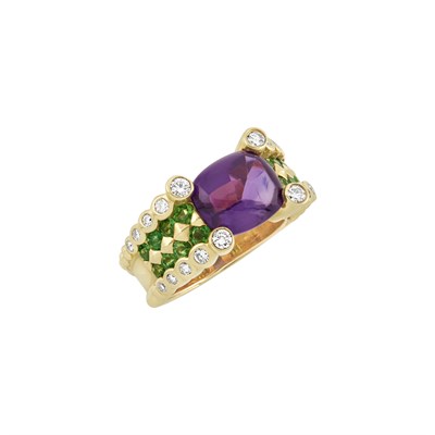 Lot 159 - Gold, Amethyst, Diamond and Tsavorite Garnet Ring