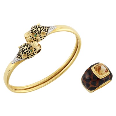 Lot 175 - Gold, Enamel and Gem-Set Panther Bracelet and Gold, Citrine and Enamel Ring