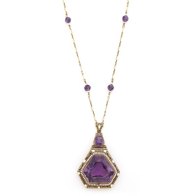 Lot 1614 - Gold, Enamel, Amethyst, Seed Pearl Pendant-Necklace