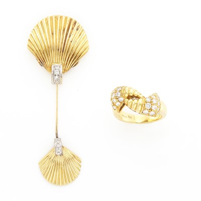 Lot 1520 - Gold and Diamond Ring and Shell Jabot