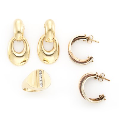 Lot 1624 - Pair of Tricolor Gold Hoop Earrings, Gold Door Knocker Earrings and Gold and Diamond Ring