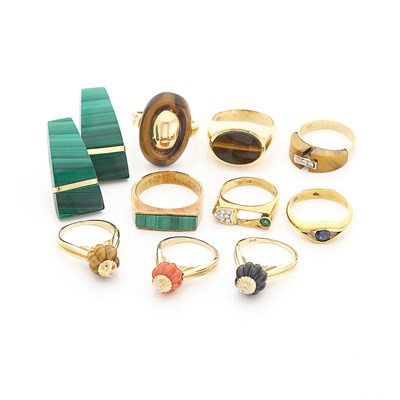 Lot 1640 - Nine Gold, Hardstone, Diamond and Gem-Set Rings and Pair of Gold and Malachite Earclips