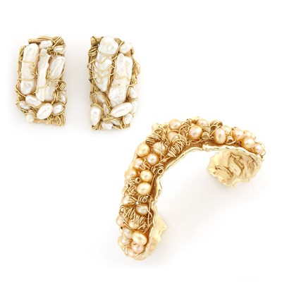 Lot 1569 - Gold and Peach Freshwater Pearl Bangle Bracelet, Nikki Feldbaum, and Pair of Freshwater Pearl Earclips