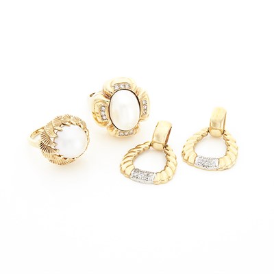 Lot 1638 - Two Gold, Mabé Pearl and Diamond Ring and Pair of Earrings