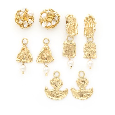 Lot 1644 - Pair of Gold, Cultured and Freshwater Pearl and Citrine Earclips and Pair of Gold and Cultured Pearl Pendant-Earclips with Interchangeable Pendants, Nikki Feldbaum