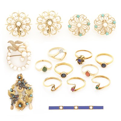 Lot 1627 - Nine Gold, Diamond, Hardstone and Gem-Set Rings and Group of Cultured Pearl and Turquoise Jewelry