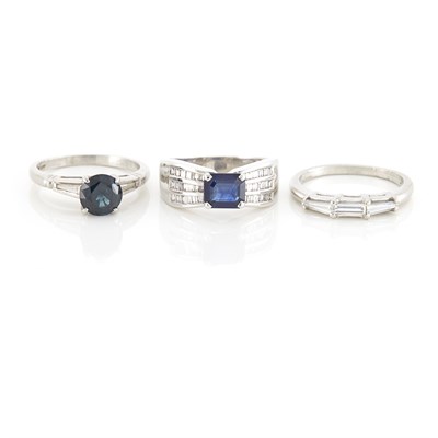 Lot 1647 - Platinum, Sapphire and Diamond Ring, Diamond Band Ring and Sapphire and Diamond Ring