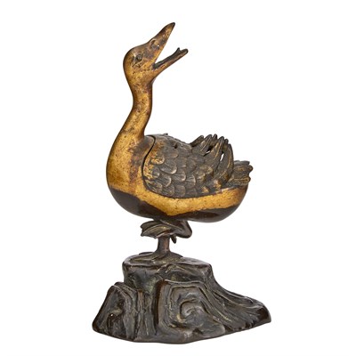 Lot 21 - Chinese Parcel-Gilt Bronze Duck-Form Censer...