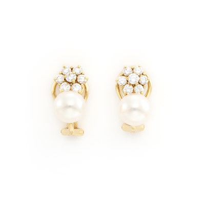 Lot 1504 - Pair of Gold, Cultured Pearl and Diamond Earrings, Mikimoto