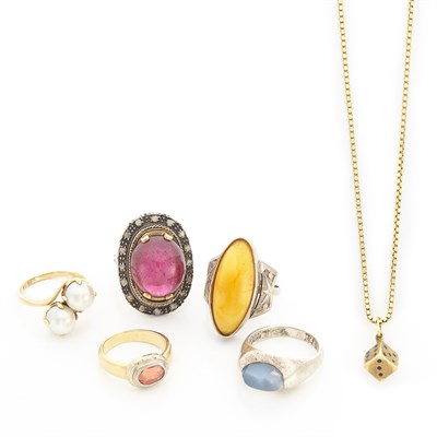 Lot 1622 - Five Gold and Silver Rings and Necklace