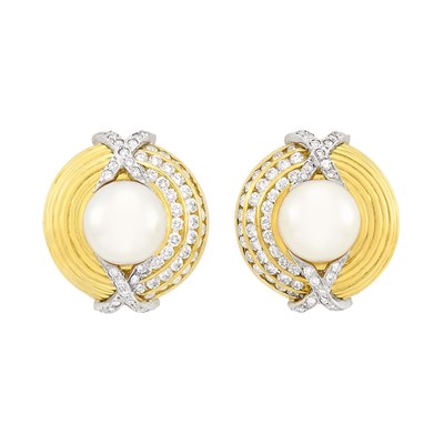 Lot 246 - Pair of Gold, Cultured Pearl and Diamond Earrings, by Mikimoto
