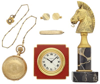 Lot 223 - Gentleman's Gold Hunting Case Pocket Watch, Waltham, Metal and Enamel Desk Clock, Cartier, Pocket Knife, and Pair of Cufflinks