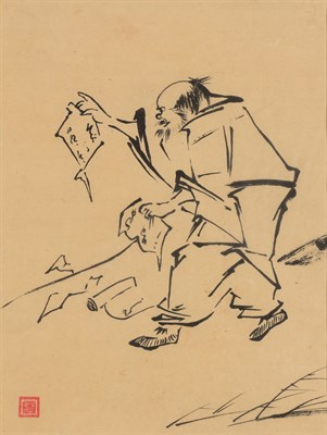 Lot 9 - Japanese School Two: Monks Signed Ink on paper...