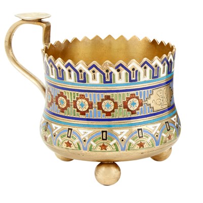 Lot 190 - Russian Silver-Gilt and Champlevé Enamel Tea...