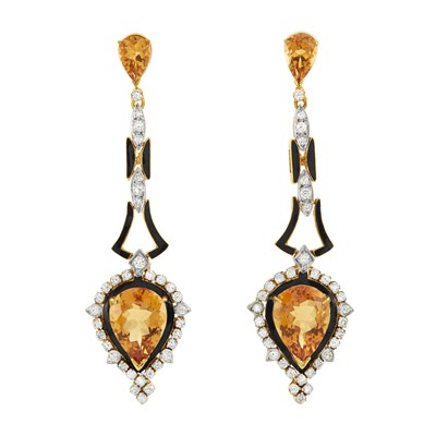 Lot 164 - Pair of Two-Color Gold, Citrine, Diamond and Black Enamel Pendant Earrings