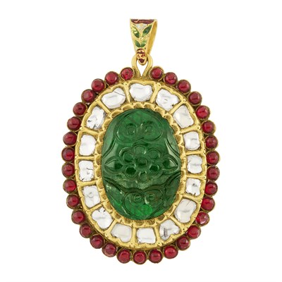 Lot 61 - Gold, Carved Emerald, Diamond, Ruby and Enamel Pendant