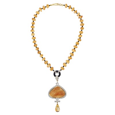 Lot 158 - White Gold, Silver, Citrine, Black Onyx and Diamond Pendant Necklace