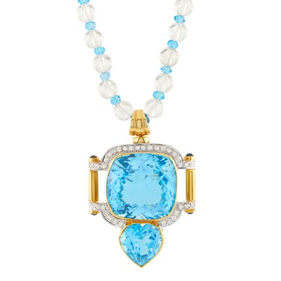 Lot 131 - Two-Color Gold, Blue Topaz, Rock Crystal and Diamond Pendant Necklace
