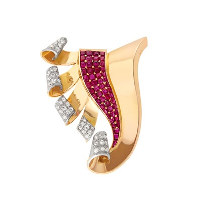 Lot 48 - Retro Gold, Ruby and Diamond Clip-Brooch, France