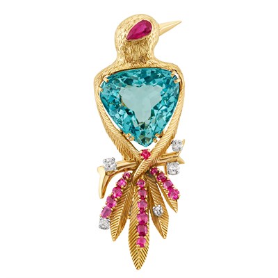 Lot 408 - Gold, Aquamarine, Ruby and Diamond Bird Clip-Brooch, France