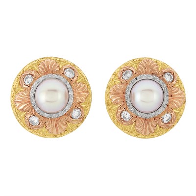 Lot 422 - Pair of Tricolor Gold, Cultured Pearl and Diamond Earclips, Cazzaniga