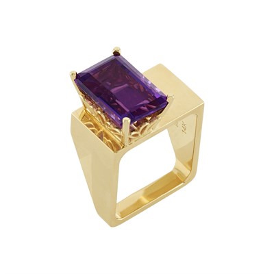 Lot 150 - Two Gold, Amethyst, Synthetic Ruby and Diamond Rings, Trisko