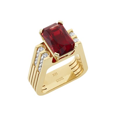 Lot 290 - Two Gold, Green Tourmaline, Sunstone and Diamond Rings, Trisko