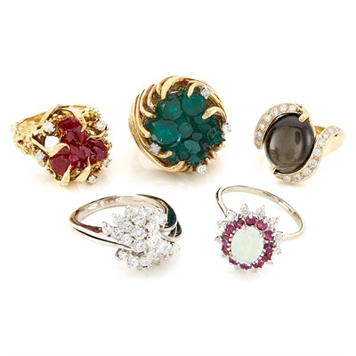 Lot 1462 - Group of Five Two-Color Gold, Diamond, Simulated Diamond and Gem-Set Rings