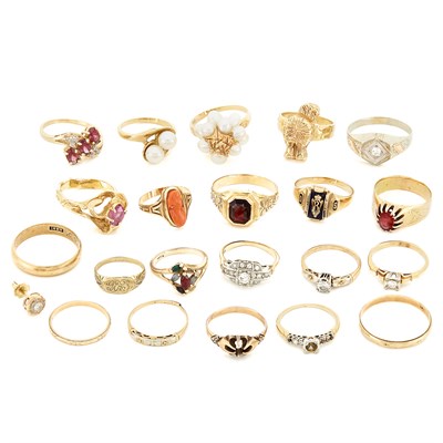 Lot 1454 - Group of Gold, Low Karat Gold, Metal and Gem-Set Rings, Mounting and Single Earring