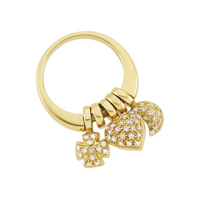 Lot 199 - Gold and Diamond Heart, Crescent and Cross Charm Ring