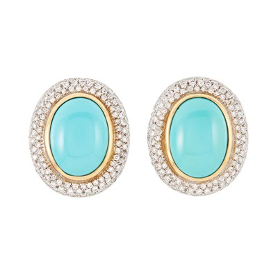 Lot 448 - Pair of Two-Color Gold, Turquoise and Diamond Earclips