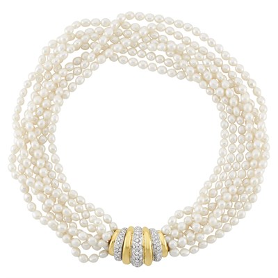 Lot 447 - Multistrand Two-Color Gold, Diamond and Freshwater Cultured Pearl Torsade Necklace