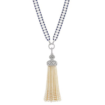 Lot 479 - Platinum, Diamond, Sapphire and Cultured Pearl Tassel Pendant-Necklace