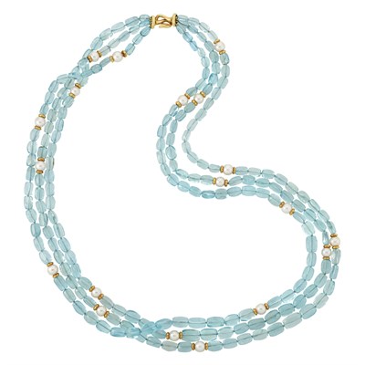 Lot 444 - Three Strand Gold, Aquamarine Bead and Cultured Pearl Necklace