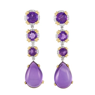 Lot 155 - Pair of Gold, Amethyst and Diamond Pendant Earrings