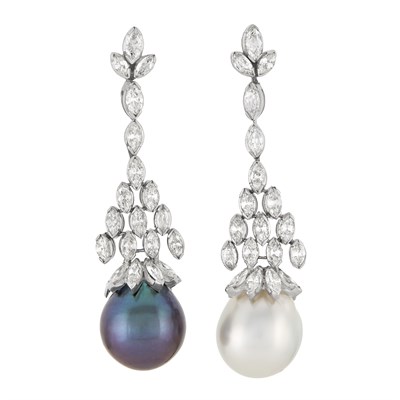 Lot 193 - Pair of White Gold, Diamond, Tahitian Grey and White Cultured Pearl Pendant Earrings