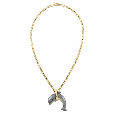 Lot 440 - Gold and Silverium Dolphin Pendant and Chain, Cartier