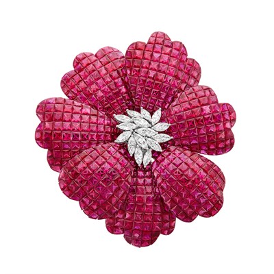 Lot 386 - White Gold, Invisibly-Set Ruby and Diamond Flower Brooch