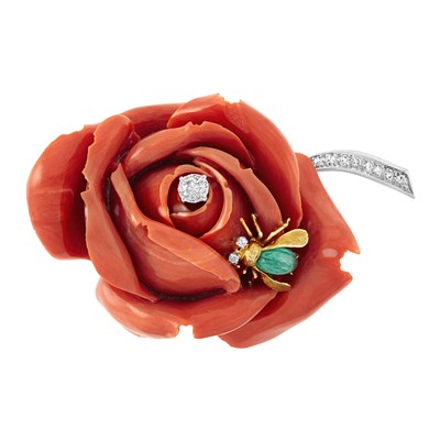 Lot 460 - Gold, Platinum, Coral, Emerald and Diamond Rose Brooch