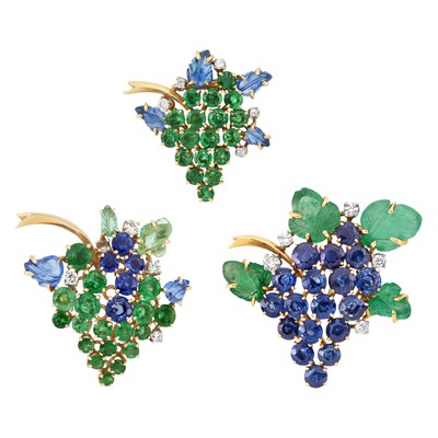 Lot 247 - Three Gold, Emerald, Sapphire and Diamond Grape Cluster Clip-Brooches, France