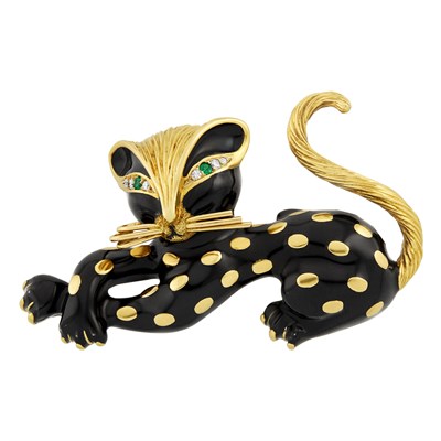 Lot 457 - Gold, Black Enamel, Emerald and Diamond Panther Clip-Brooch, Fred, Paris