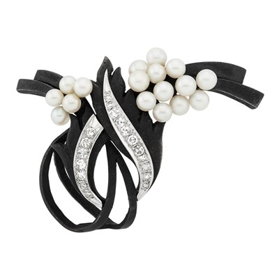 Lot 187 - Blackened Steel, Platinum, Cultured Pearl and Diamond Brooch, Marsh & Co.