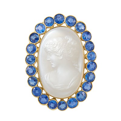 Lot 34 - Gold, Carved Moonstone and Sapphire Brooch