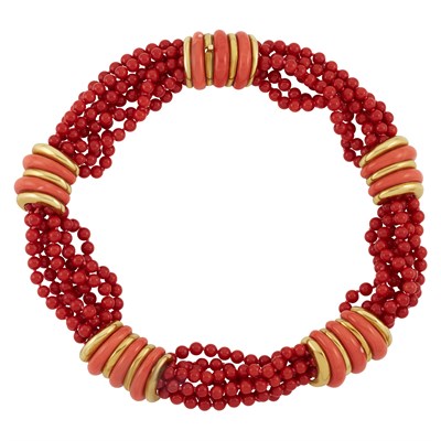 Lot 455 - Multistrand Gold and Coral Torsade Necklace and Bracelet, Tiffany & Co.