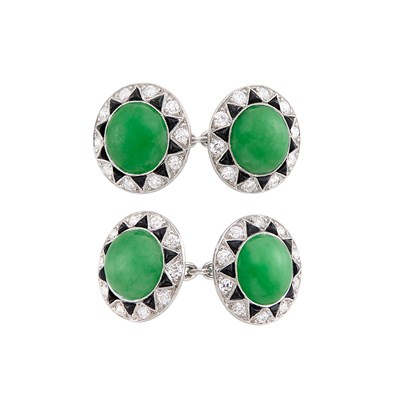 Lot 256 - Pair of Platinum, Jade, Black Onyx and Diamond Cufflinks