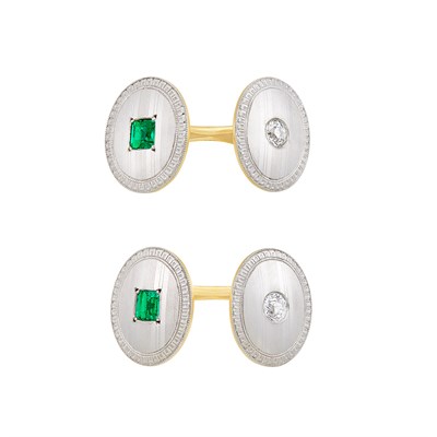 Lot 234 - Pair of Platinum, Gold, Emerald and Diamond Cufflinks