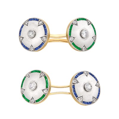 Lot 231 - Pair of Gold, Platinum, Diamond, Sapphire and Emerald Cufflinks, France