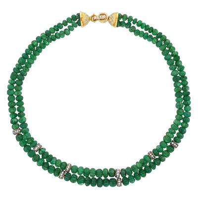 Lot 58 - Double Strand Gold, Emerald Bead and Diamond Necklace